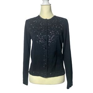Vintage Kathie Lee Collection Black Beaded Knit Button Front Cardigan Size Small